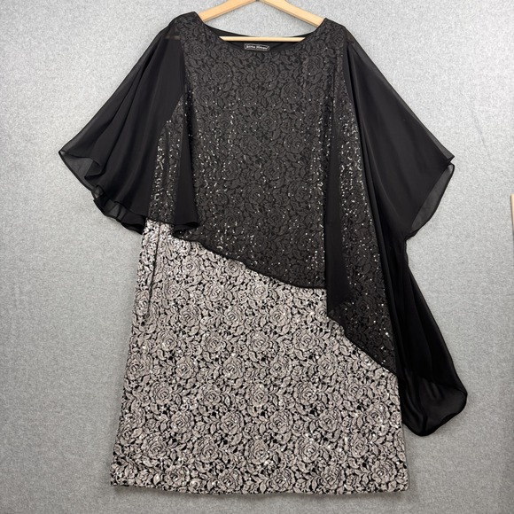 Jessica Howard Dresses & Skirts - Jessica Howard Sheath Dress Womens 18W Black Silver Sequin Chiffon Cape Overlay